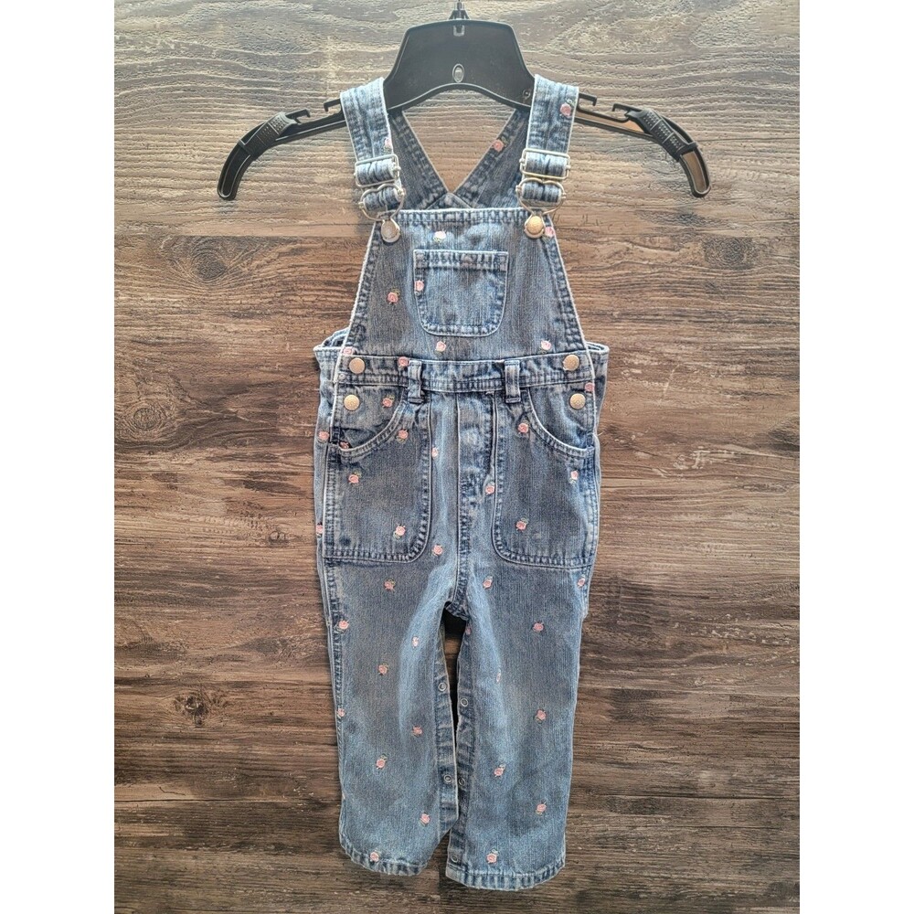 Vintage Y2K Faded Glory Toddler Girl Overalls Denim Embroidered Flower Roses